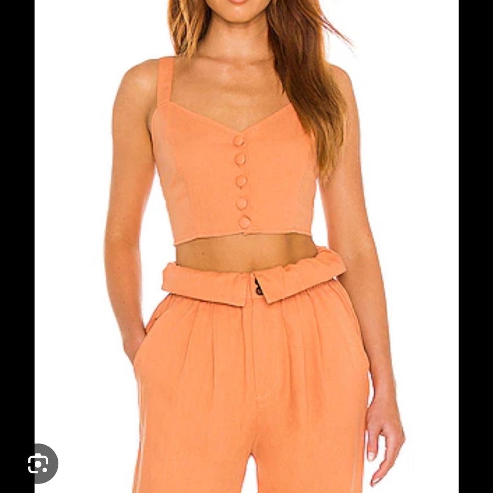 Peach/orange/copper Button-Front Crop Top and High-Waist Pants Set